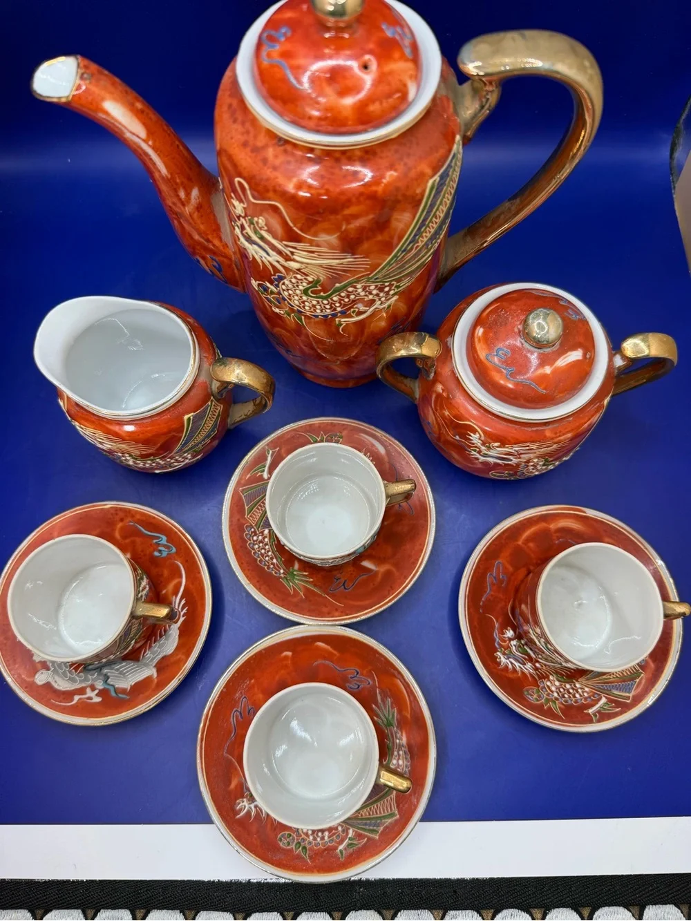 Rust Red Dragonware Porcelain Tea Set with Gold Accents - Vintage